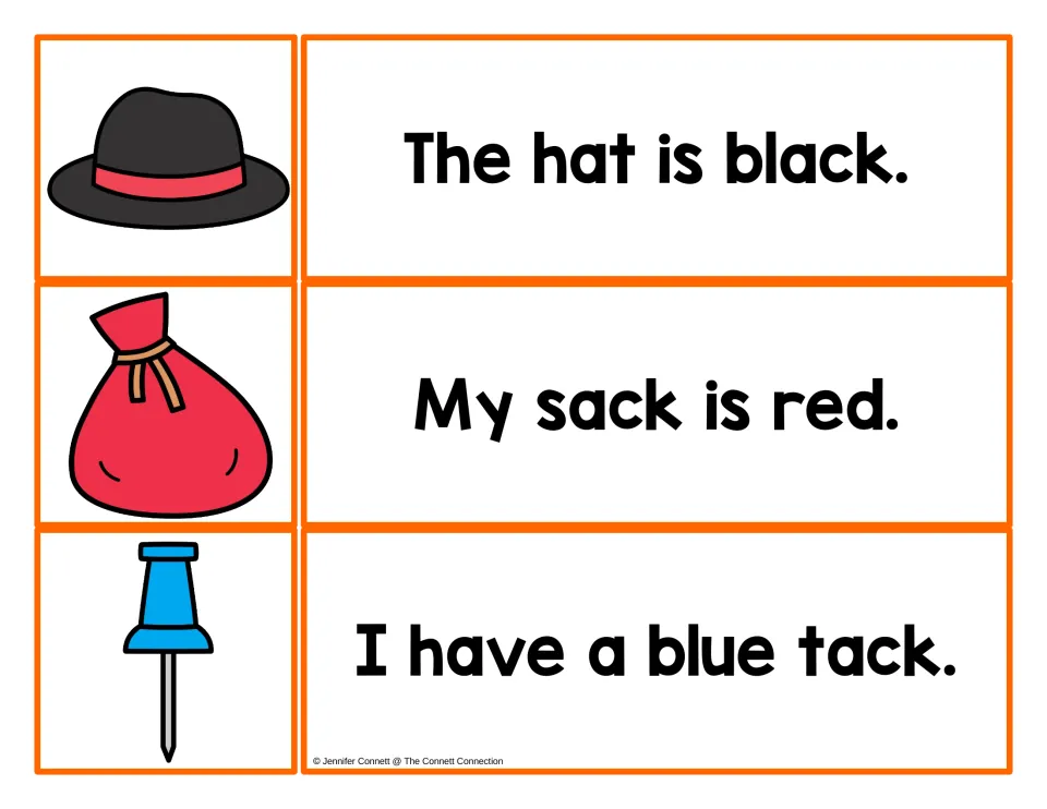 Picture-sentence matching for black, sack and tack: read about a black hat, a red sack and a blue tack, then pair each card