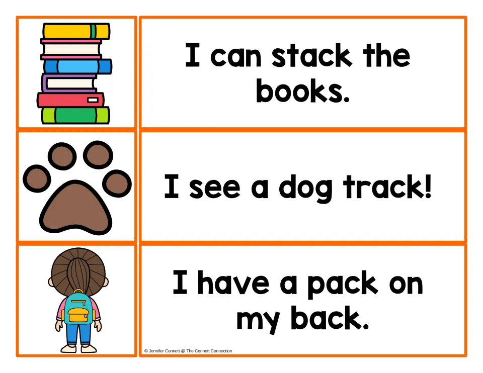 Reading -ack words stack, track and pack in sentences; students match each to a book stack, paw print or girl with backpack