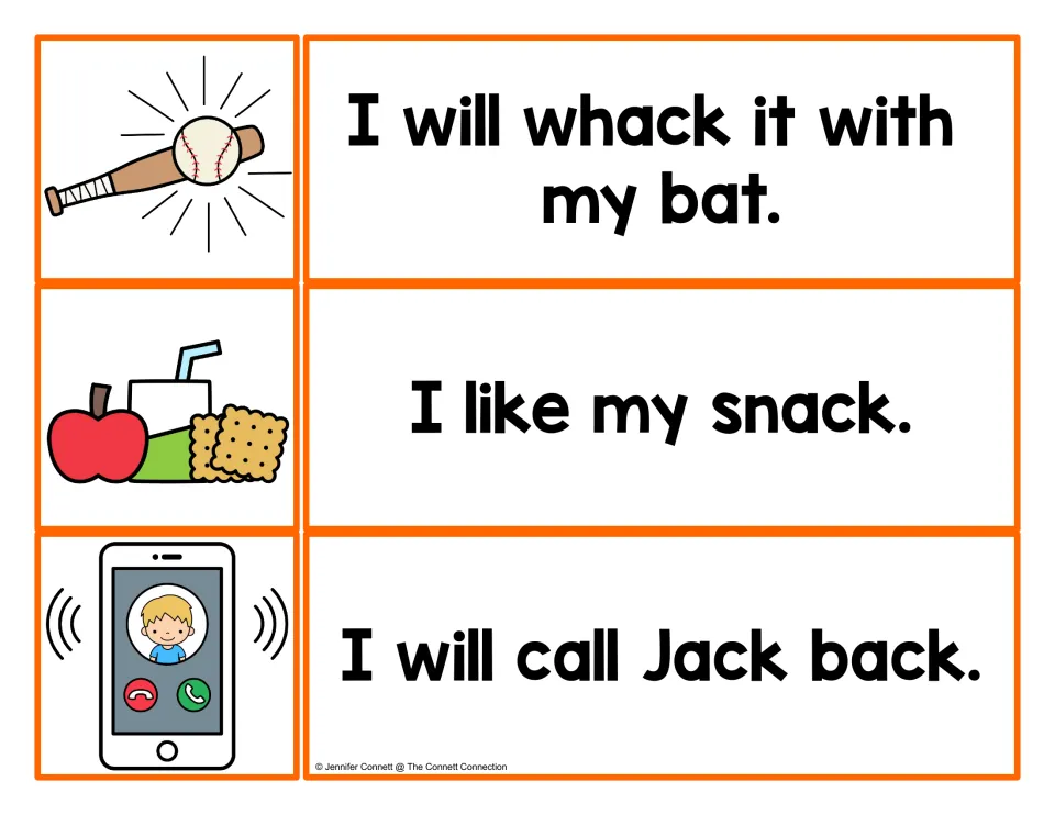 Sentence cards for whack, snack and back: students match each line to a bat hitting a ball, a snack or a phone calling Jack