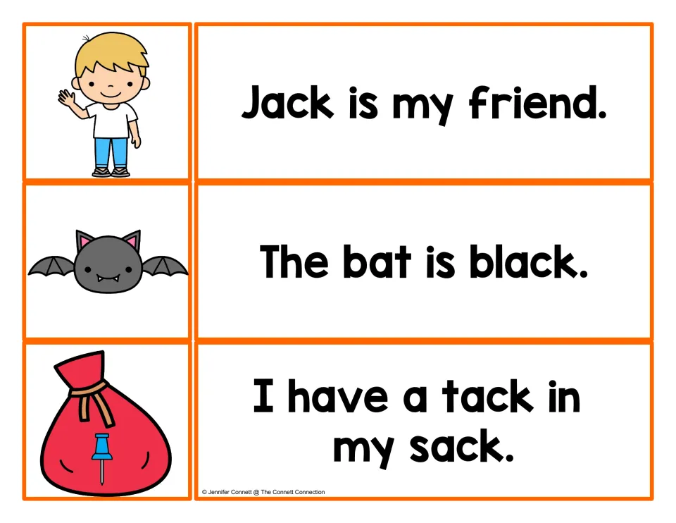 Decoding Jack, black, tack and sack in sentences, then matching each to a waving boy, a black bat or a sack holding a tack