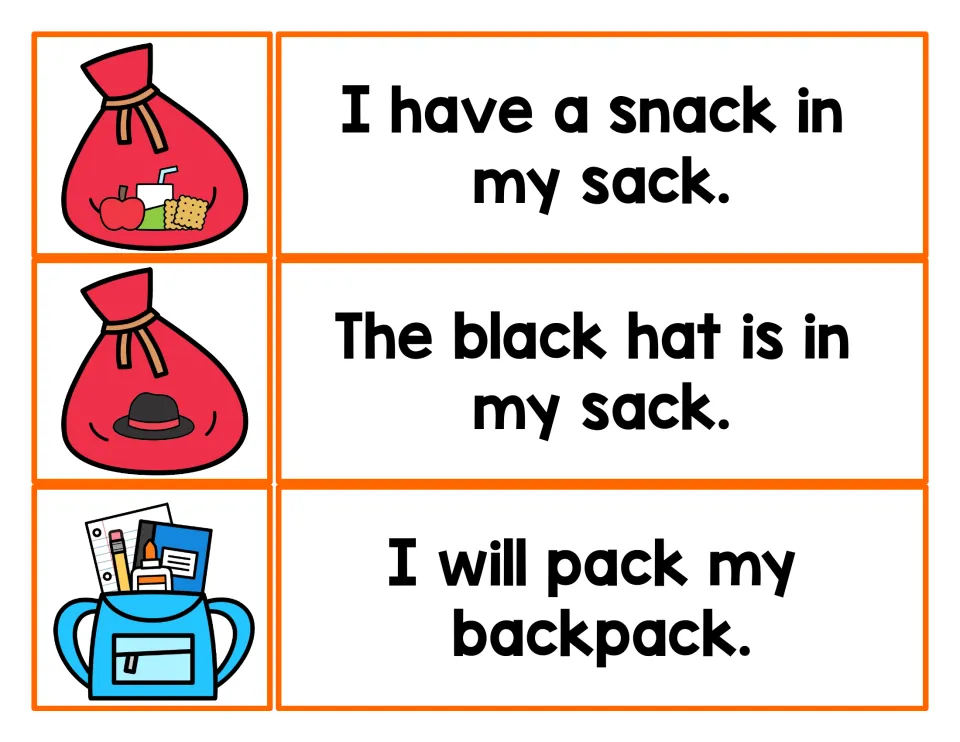 Longer -ack sentences about a snack and a black hat in a sack and packing a backpack, each paired with a matching picture
