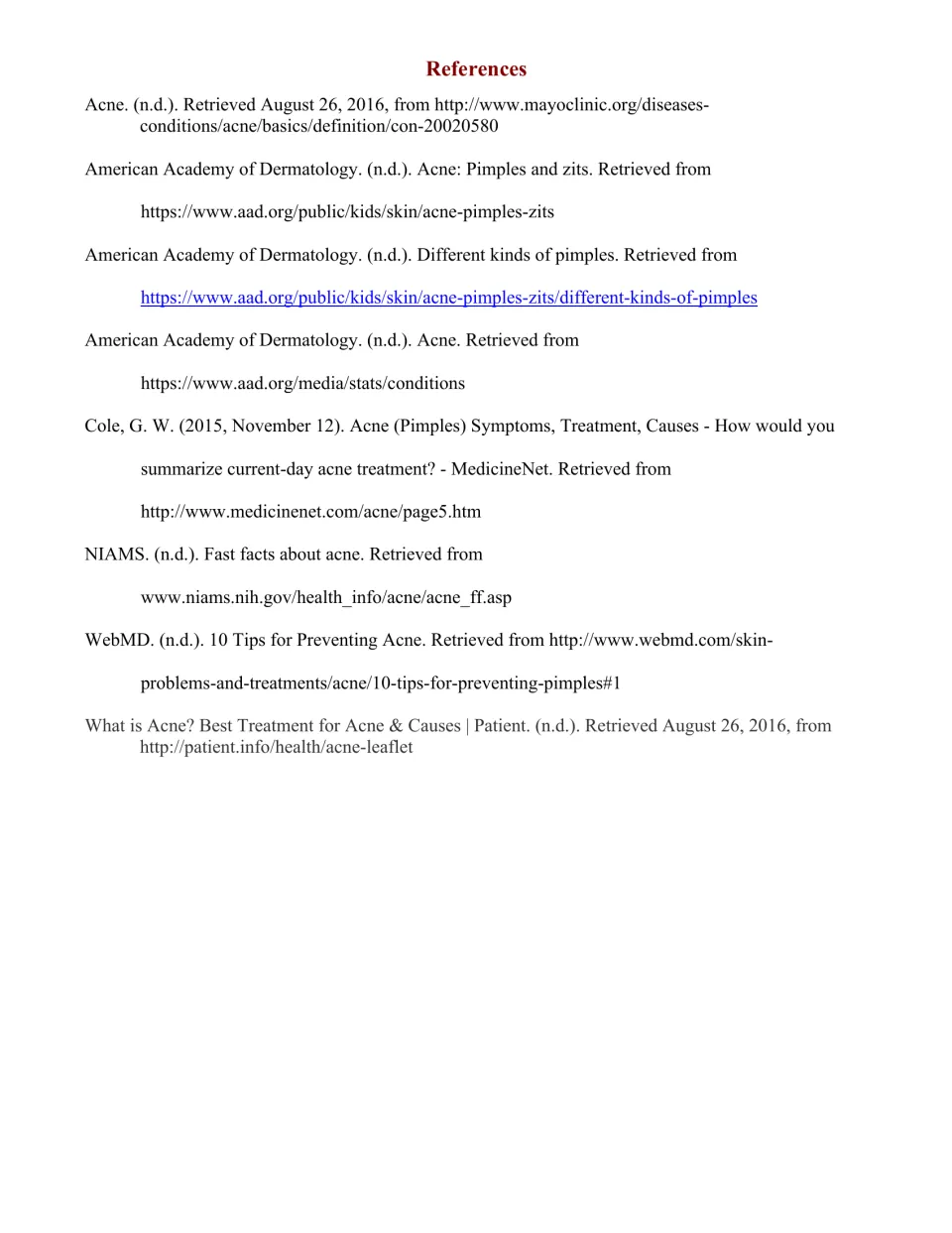 References list for the acne article citing Mayo Clinic, American Academy of Dermatology, MedicineNet, NIAMS and WebMD