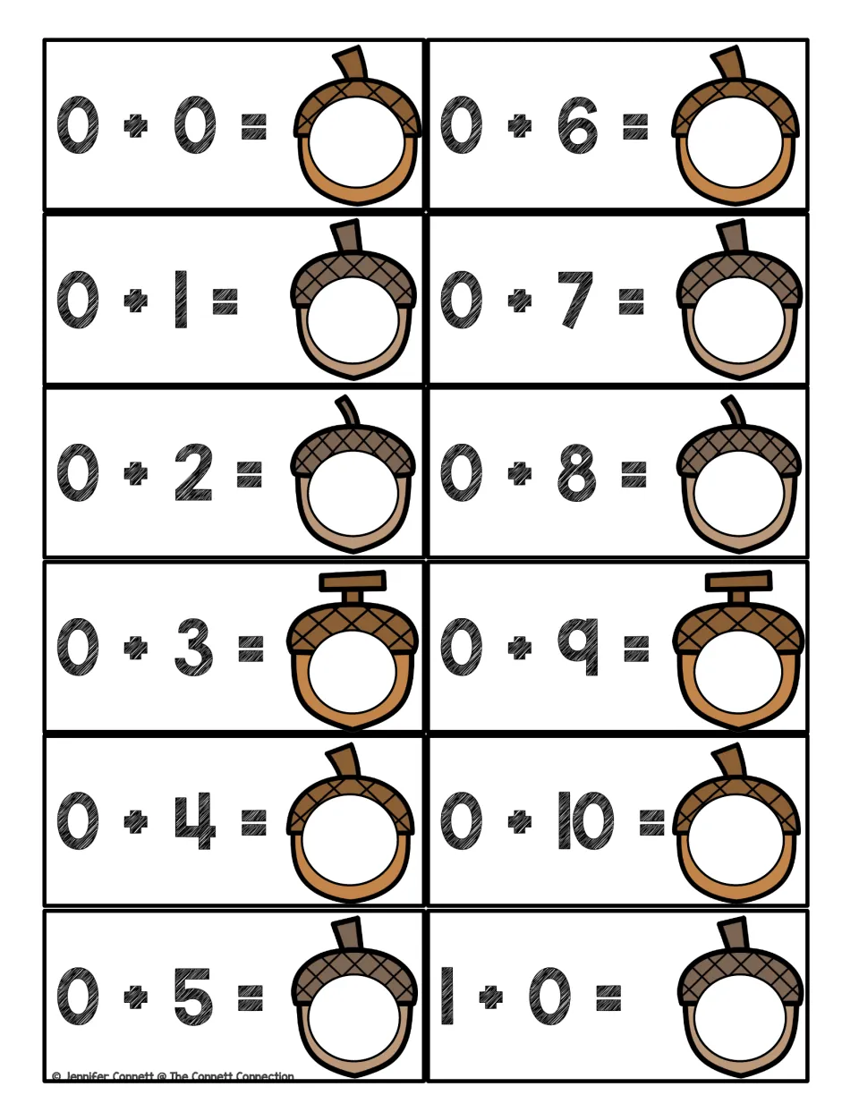 Acorn addition cards 0+0 through 0+10 and 1+0: children add to find each sum and write it in the blank acorn circle