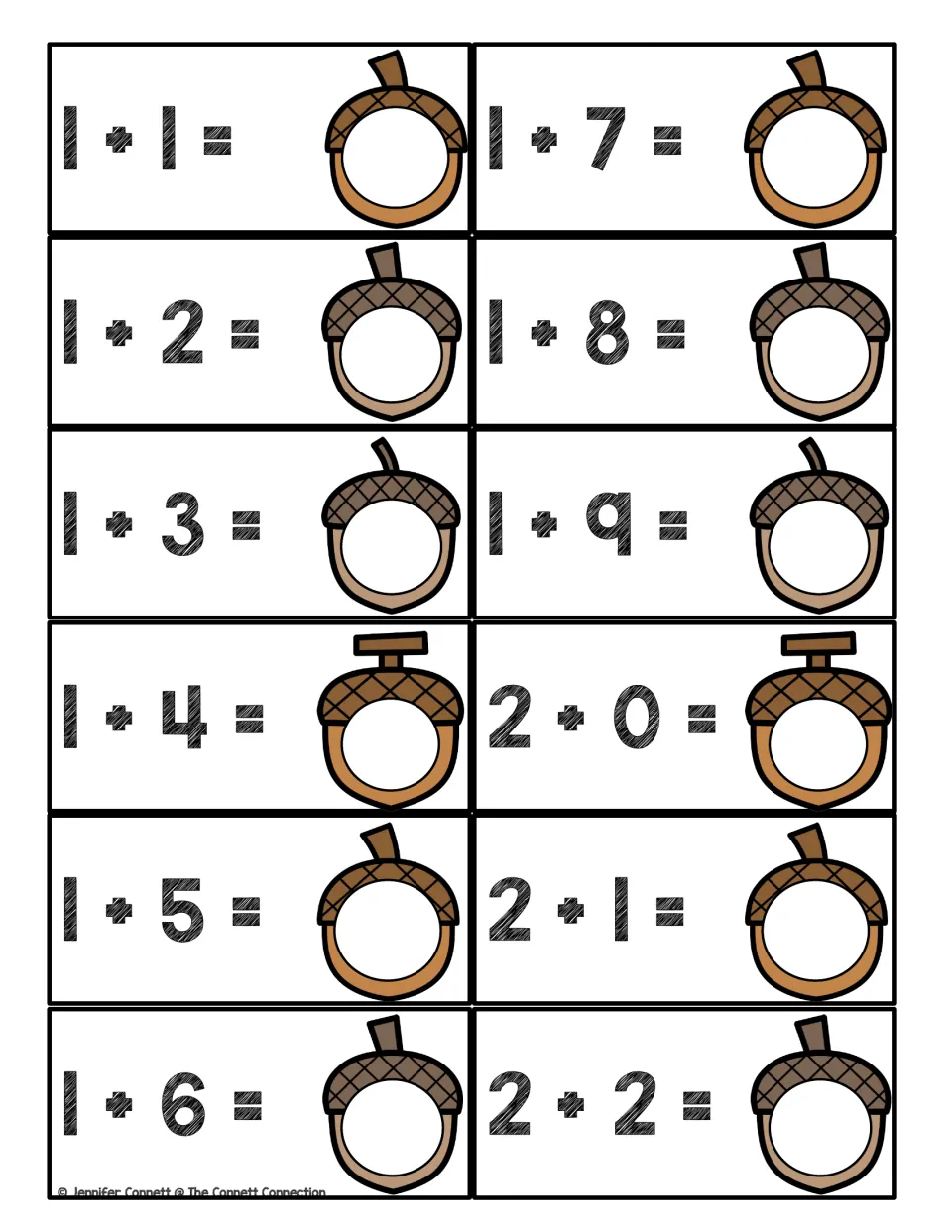 Acorn addition cards 1+1 through 1+9 and 2+0 to 2+2: children solve each fact and write the sum inside the acorn