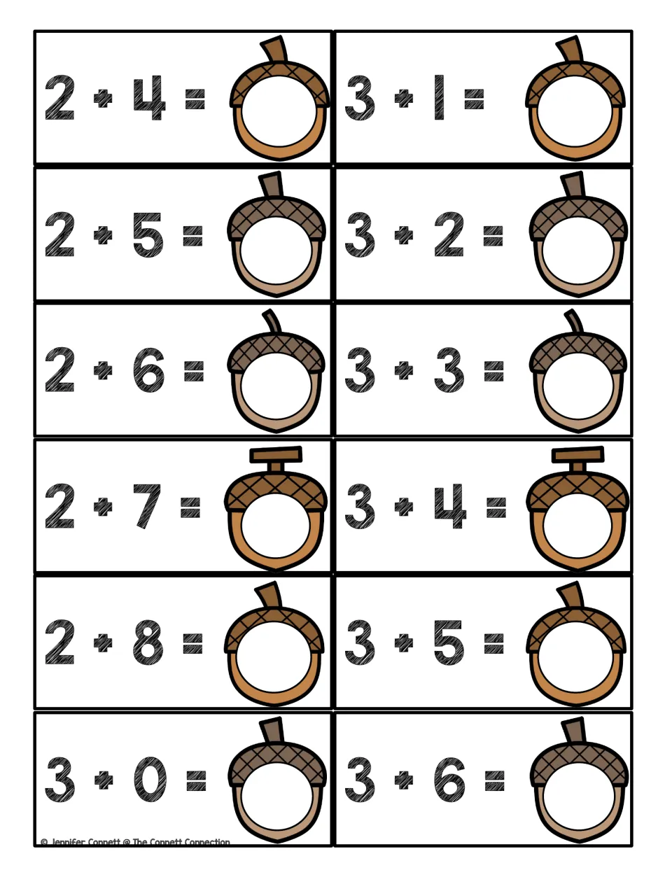 Acorn addition cards 2+4 through 2+8, 3+0 and 3+1 to 3+6: children add the two numbers and fill in the acorn sum