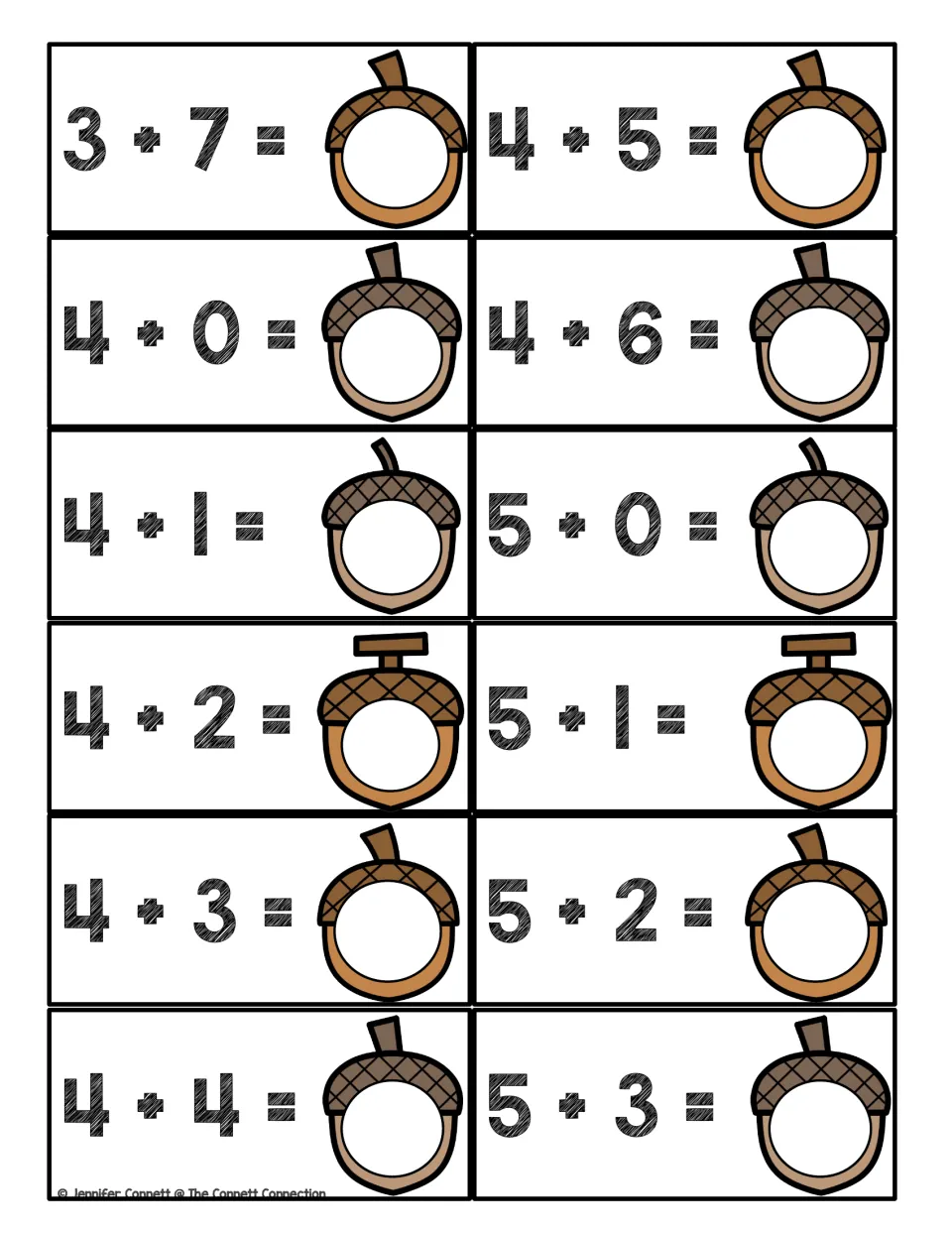 Acorn addition cards 3+7, 4+0 through 4+6 and 5+0 to 5+3: children find each total and record it on the acorn