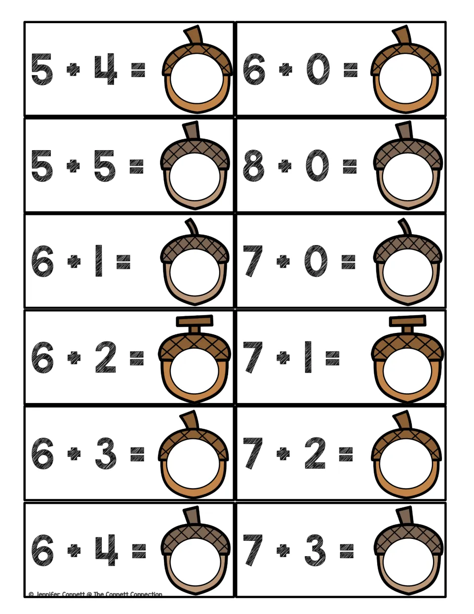 Acorn addition cards 5+4, 5+5, 6+0 to 6+4, 7+0 to 7+3 and 8+0: children work out each sum and write it in the acorn