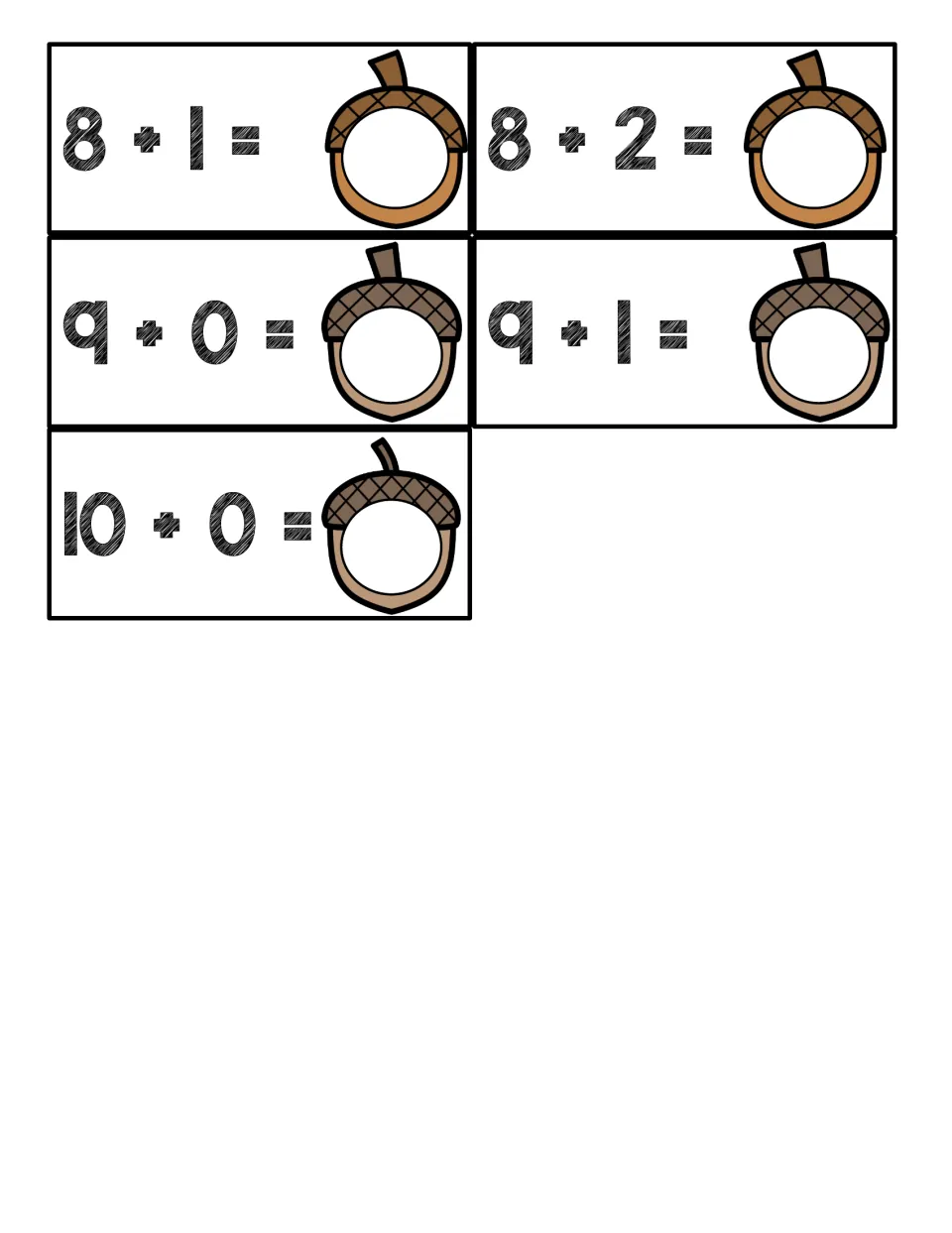Final five acorn addition cards, 8+1, 8+2, 9+0, 9+1 and 10+0, each with an empty acorn for writing the sum to 10