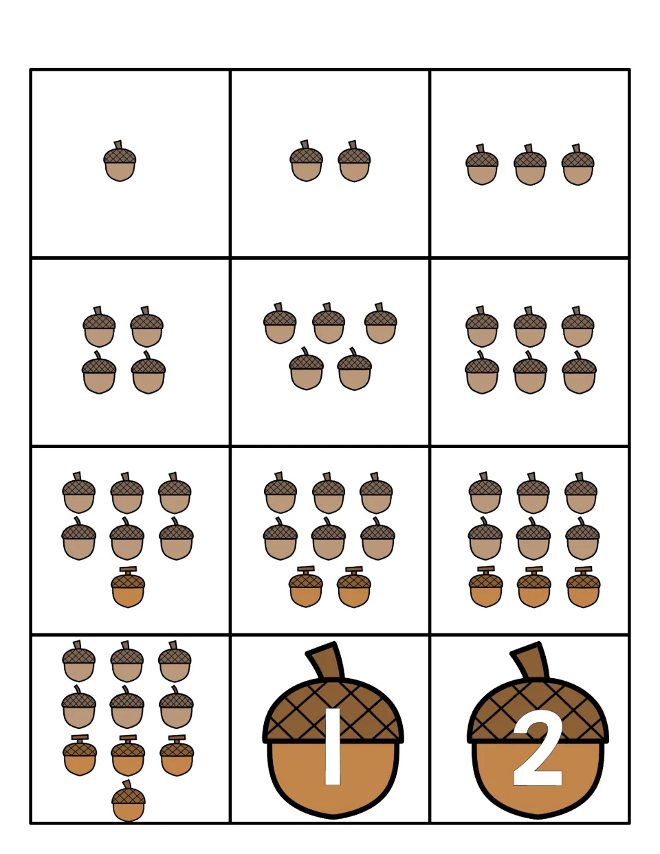 Counting cards showing sets of 1 to 10 acorns, plus large numeral acorns 1 and 2 for matching each number to its set