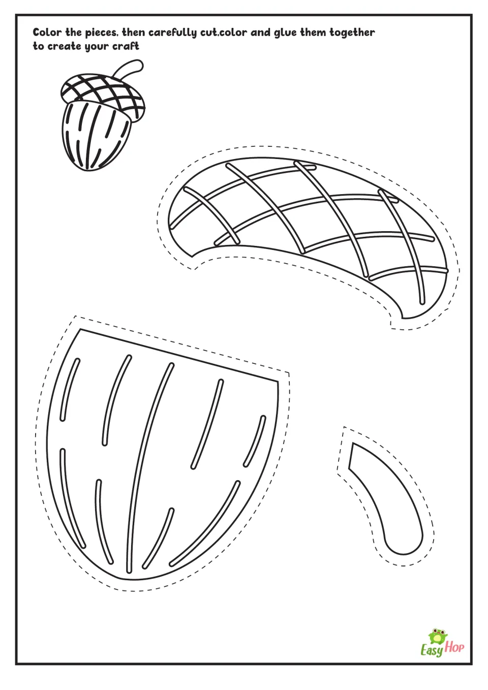 Acorn craft to color: students color, cut and glue an outlined acorn cap, nut and stem, using the small acorn as a model