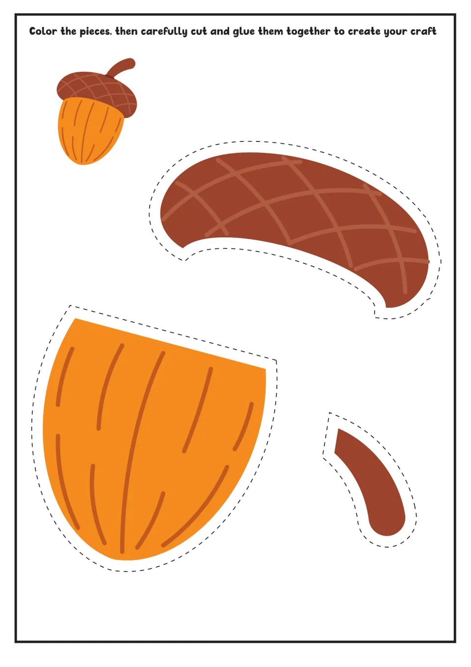 Pre-colored acorn craft: students cut out the brown cap, orange nut and brown stem and glue them to build the acorn