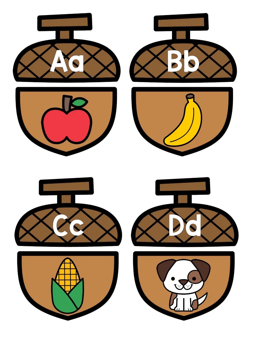 Beginning sounds A to D: match acorn cap letters Aa, Bb, Cc, Dd to bottoms showing apple, banana, corn and a dog