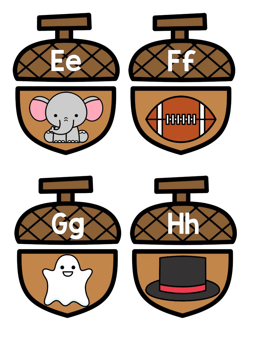 Beginning sounds E to H: acorn caps Ee, Ff, Gg, Hh pair with picture halves of an elephant, football, ghost and top hat
