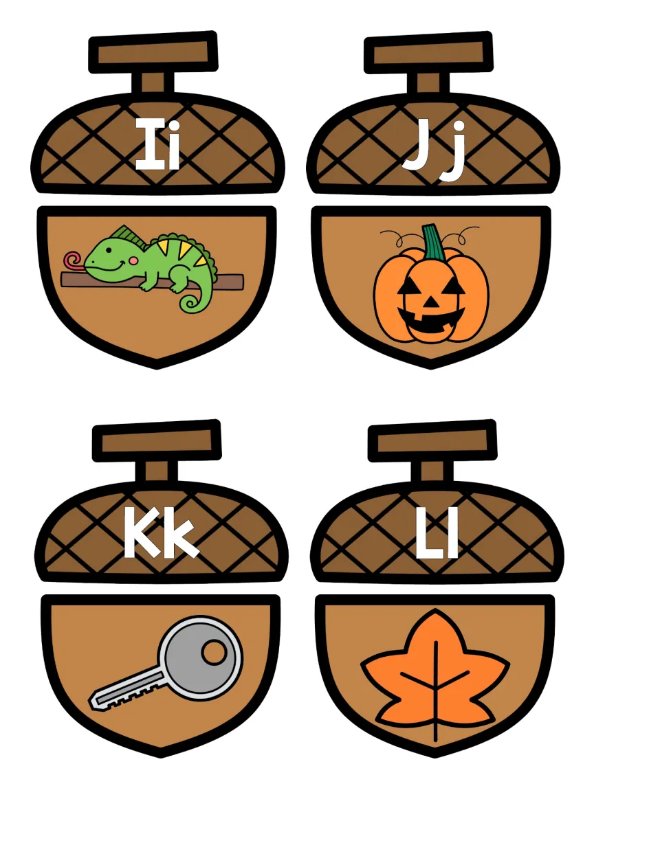 Beginning sounds I to L: letter caps Ii, Jj, Kk, Ll match acorn bottoms with an iguana, jack-o'-lantern, key and leaf