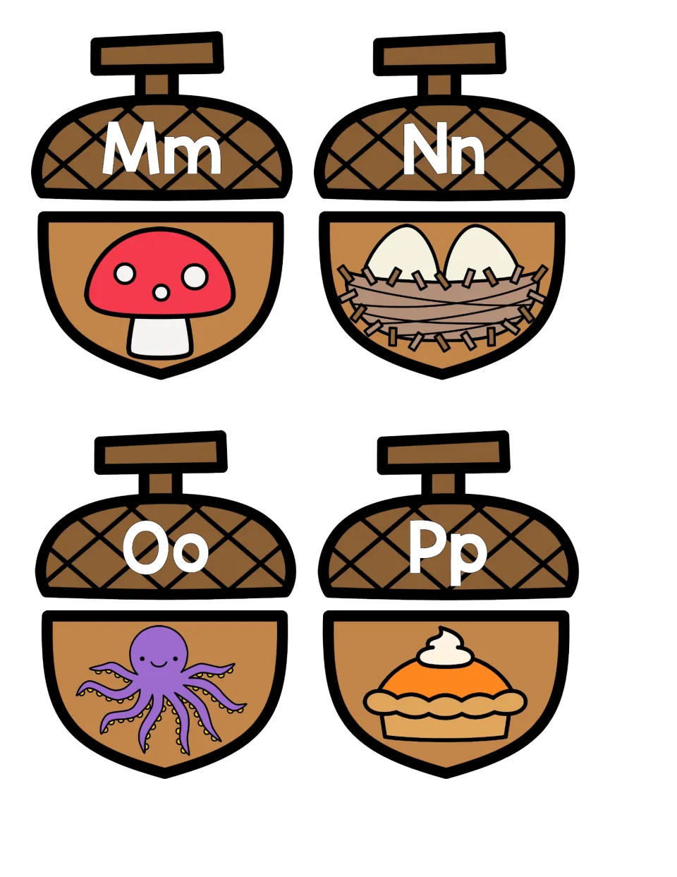 Beginning sounds M to P: caps Mm, Nn, Oo, Pp join acorn bottoms picturing a mushroom, nest with eggs, octopus and pie