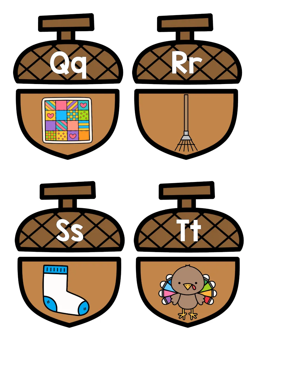 Beginning sounds Q to T: letter caps Qq, Rr, Ss, Tt match acorn bottoms showing a quilt, rake, sock and turkey
