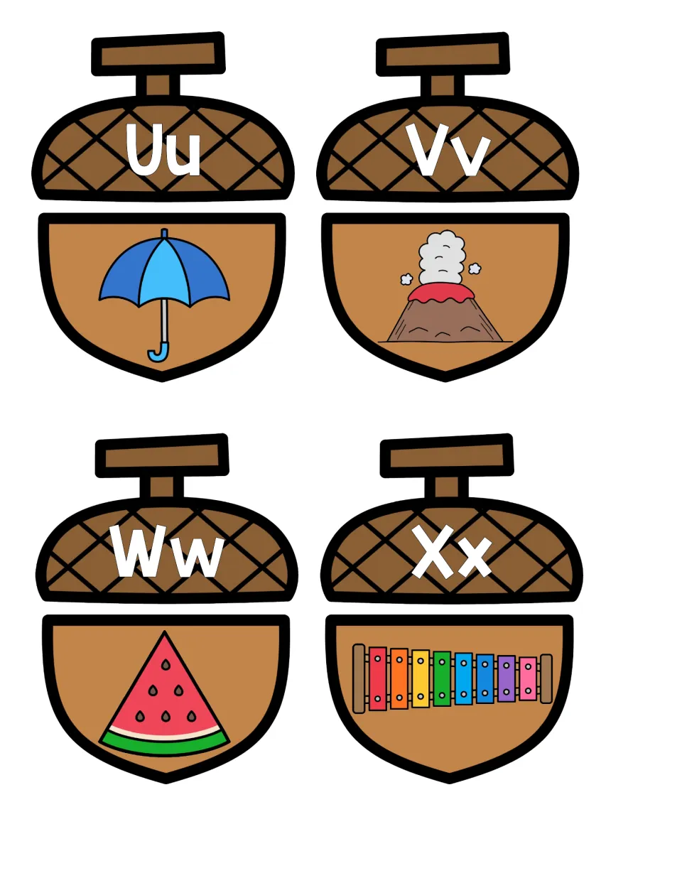 Beginning sounds U to X: caps Uu, Vv, Ww, Xx pair with acorn bottoms of an umbrella, volcano, watermelon and xylophone