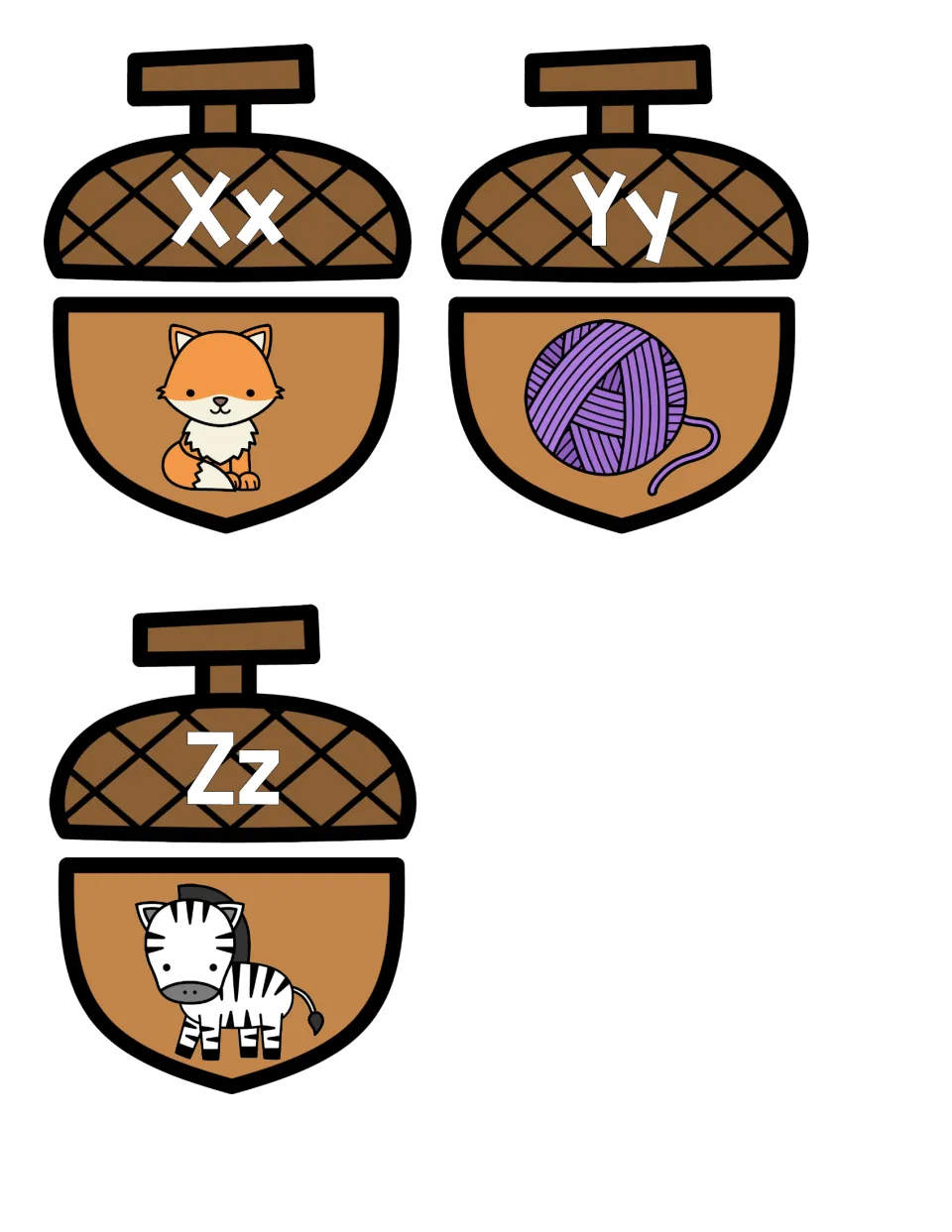 Letter sounds X to Z: acorn caps Xx, Yy, Zz match bottoms showing a fox, a ball of yarn and a zebra to end the alphabet