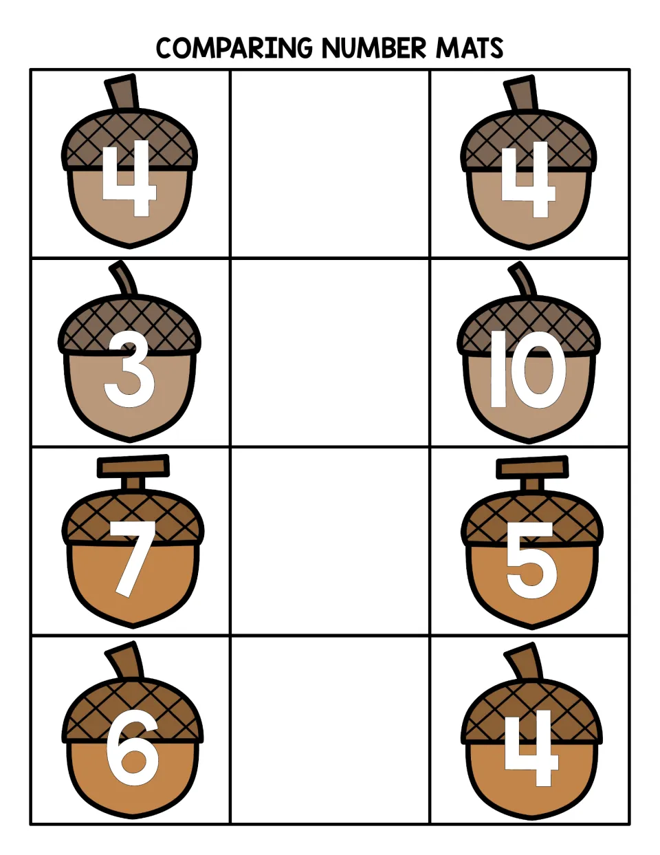 Comparing number mats: students compare acorn numerals 4 and 4, 3 and 10, 7 and 5, 6 and 4 by placing a symbol in between