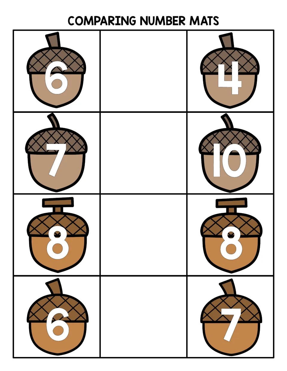 Number comparison mat with acorn pairs 6 and 4, 7 and 10, 8 and 8, 6 and 7; students set <, = or > between each pair