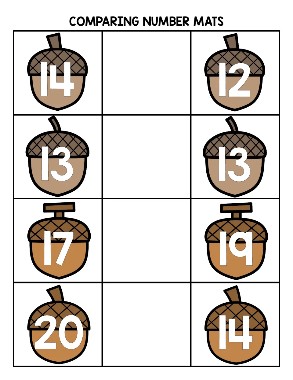 Numbers to 20 comparing mat: acorns show 14 and 12, 13 and 13, 17 and 19, 20 and 14 for students to compare with a symbol