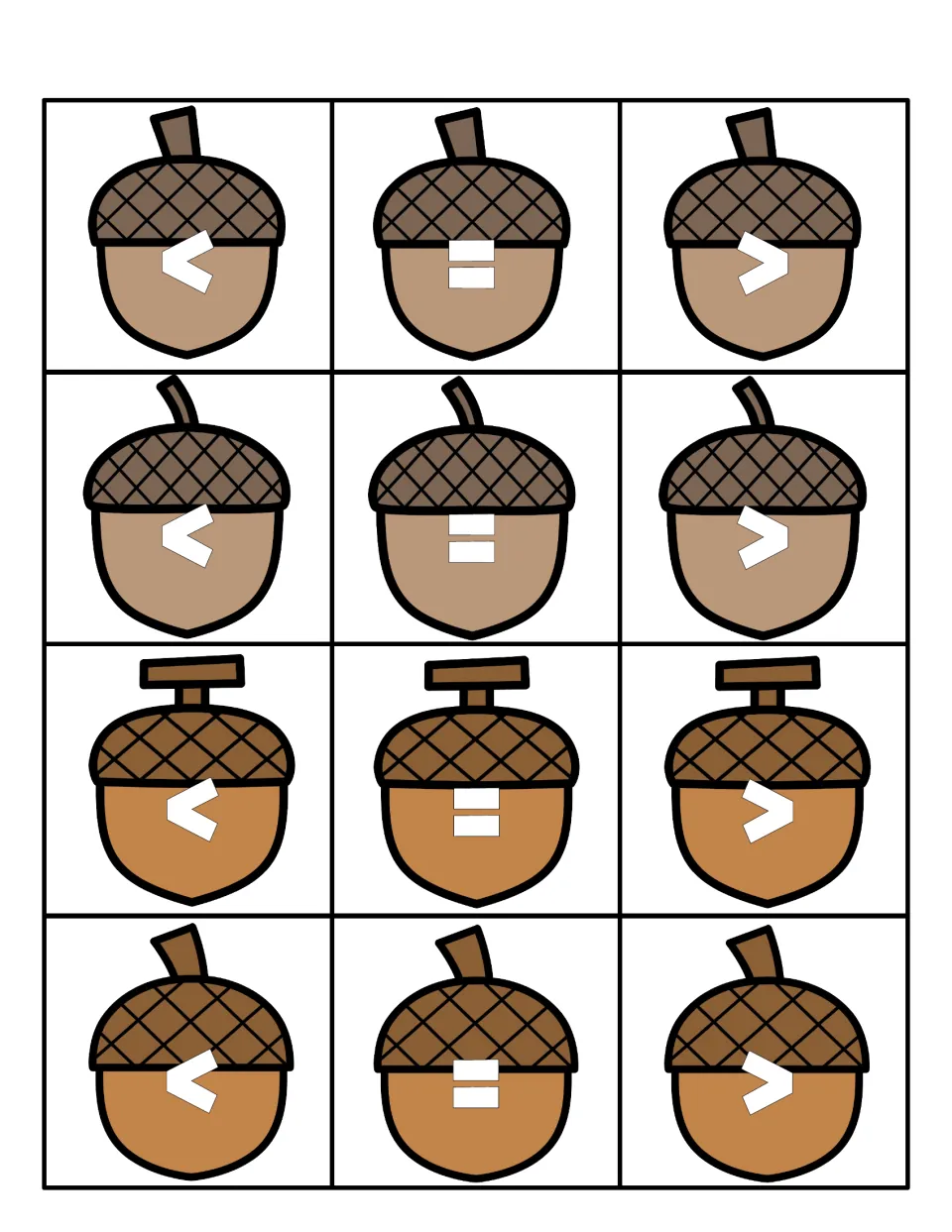 Acorn symbol cut-outs: 12 acorns marked with less than, equal and greater than signs for students to place on the mats