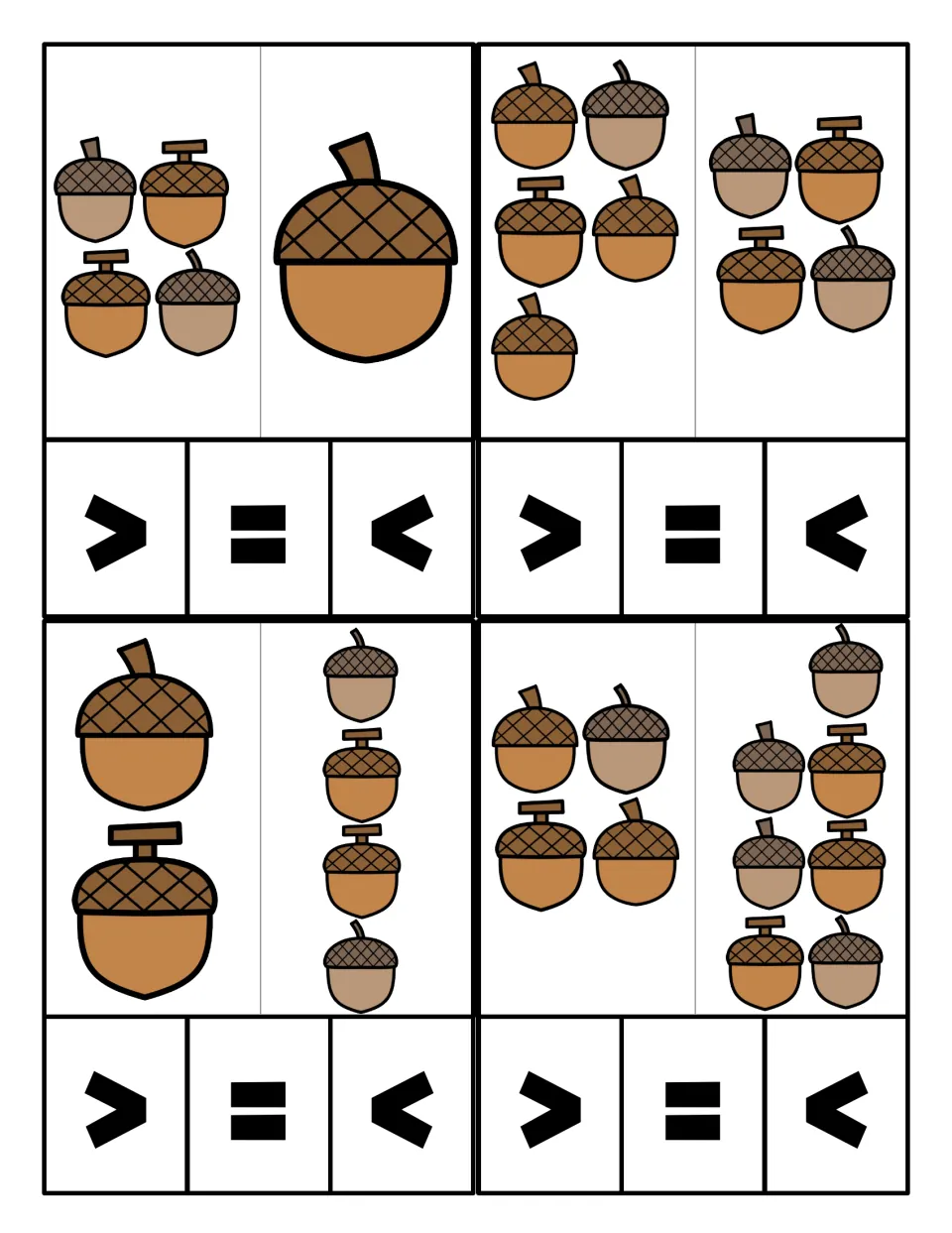 Acorn counting cards: students count two sets, such as 4 acorns vs 1 big acorn, and choose >, = or < to compare quantities