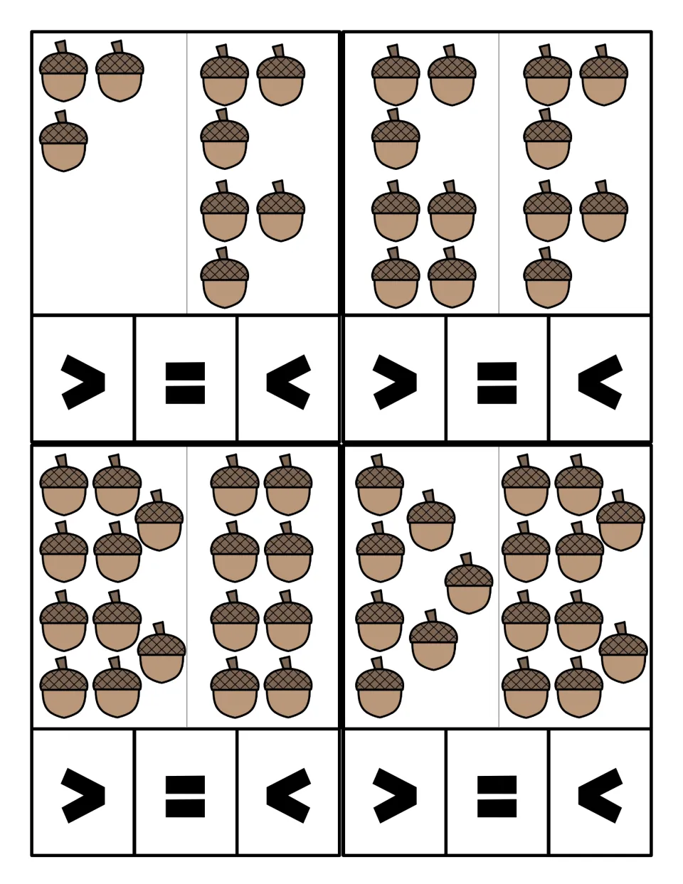 Comparing quantities cards: same-color acorn sets of 3 vs 6, 7 vs 6, 10 vs 8 and 7 vs 9 to mark with >, = or <