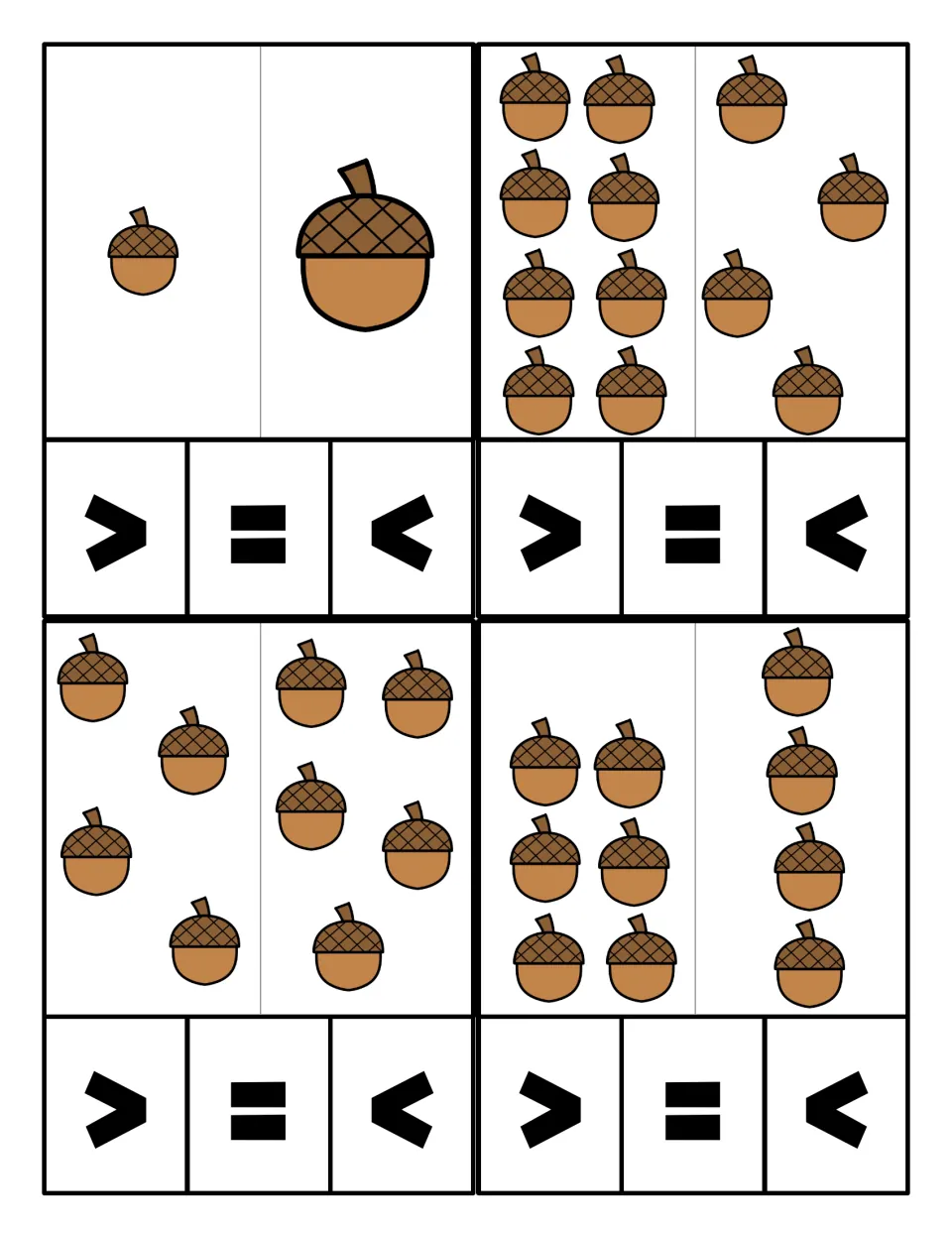 Comparing sets cards: one small vs one big acorn, 8 vs 4, 4 vs 5 and 6 vs 4 acorns, each with >, = or < to choose