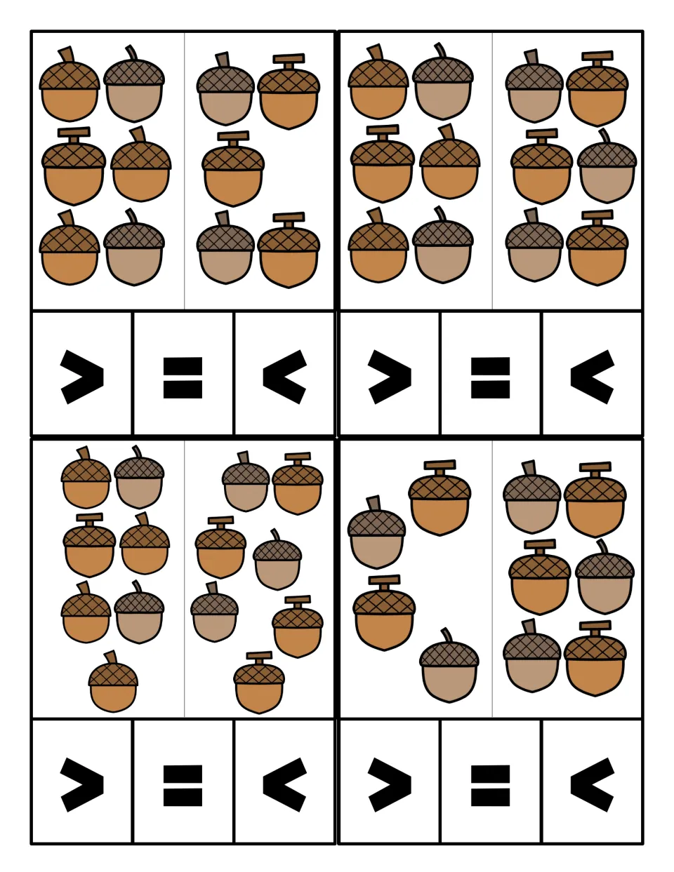 Mixed acorn cards for comparing groups of 6 vs 5, 6 vs 6, 7 vs 7 and 4 vs 6; students count each side and pick a sign