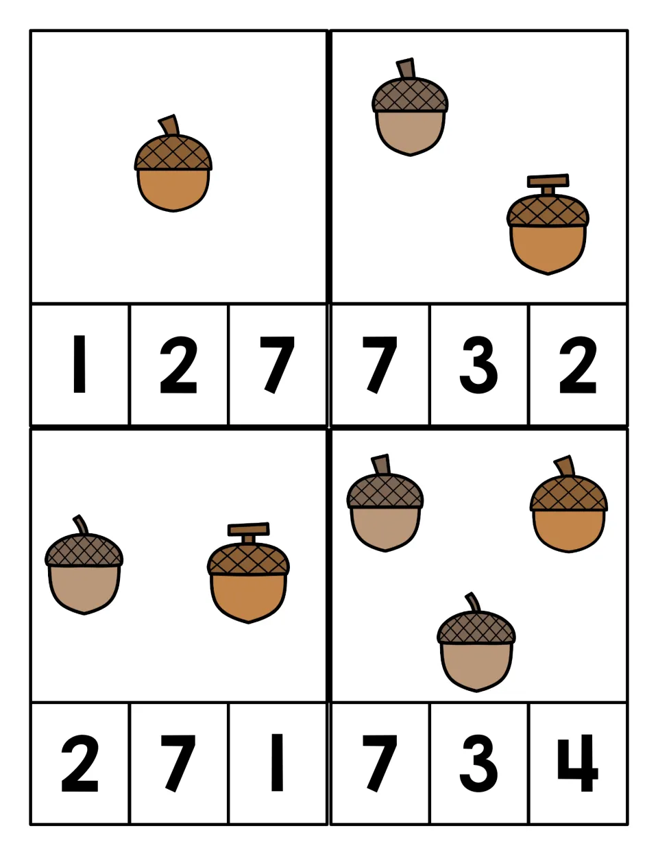 Counting 1 to 3 acorns: four clip cards where students count the acorns and clip the matching number from 3 choices
