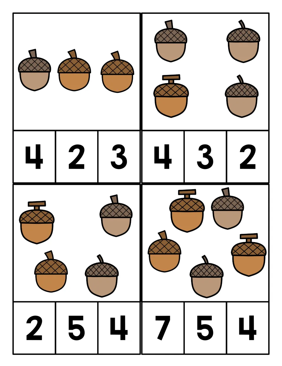 Counting 3 to 5 acorns: students count each set and clip the correct numeral from choices such as 4, 2, 3 or 7, 5, 4