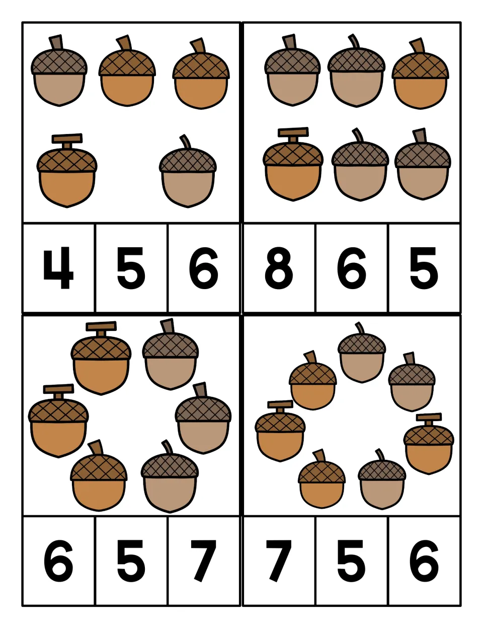 Counting 5 to 7 acorns in rows and circles: students count each card's acorns and clip one of the numbers 4 through 8