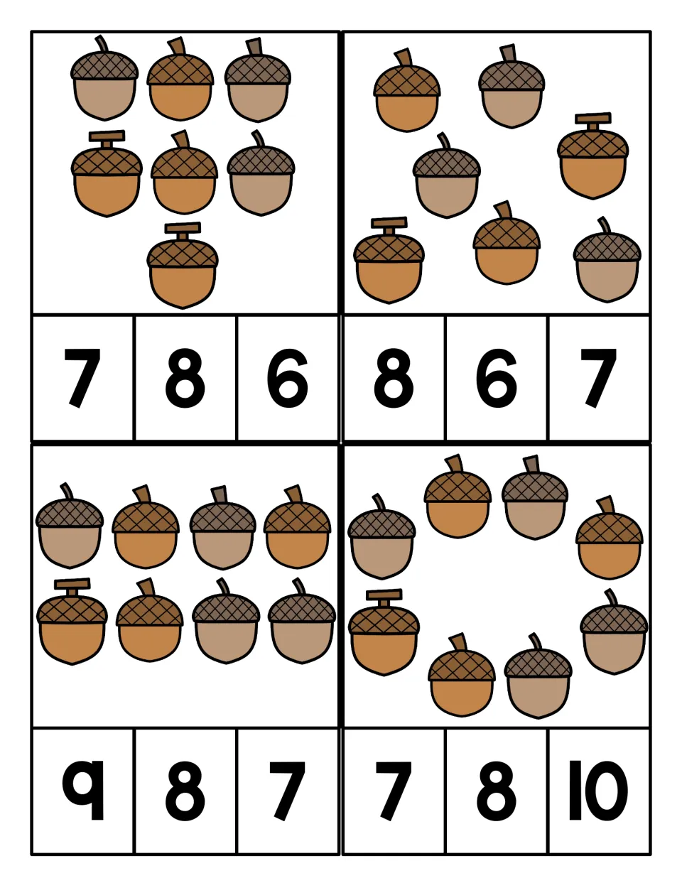Counting acorns with choices from 6 to 10: students count scattered and rowed acorns and clip the total