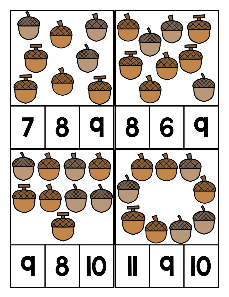 Counting acorn sets with number choices 6 to 11: students count each group and clip the numeral that matches the set