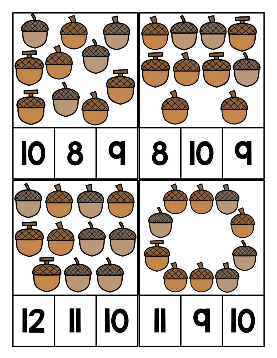 Counting about ten acorns: students count four acorn sets and clip the matching number from choices between 8 and 12