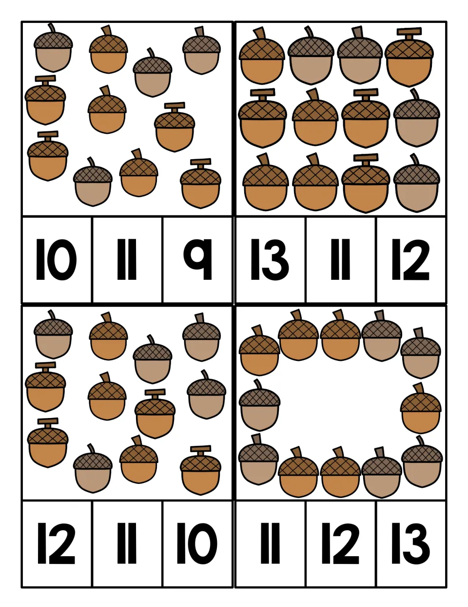 Counting acorns into the teens: students count each card's acorns and clip a numeral from choices between 9 and 13