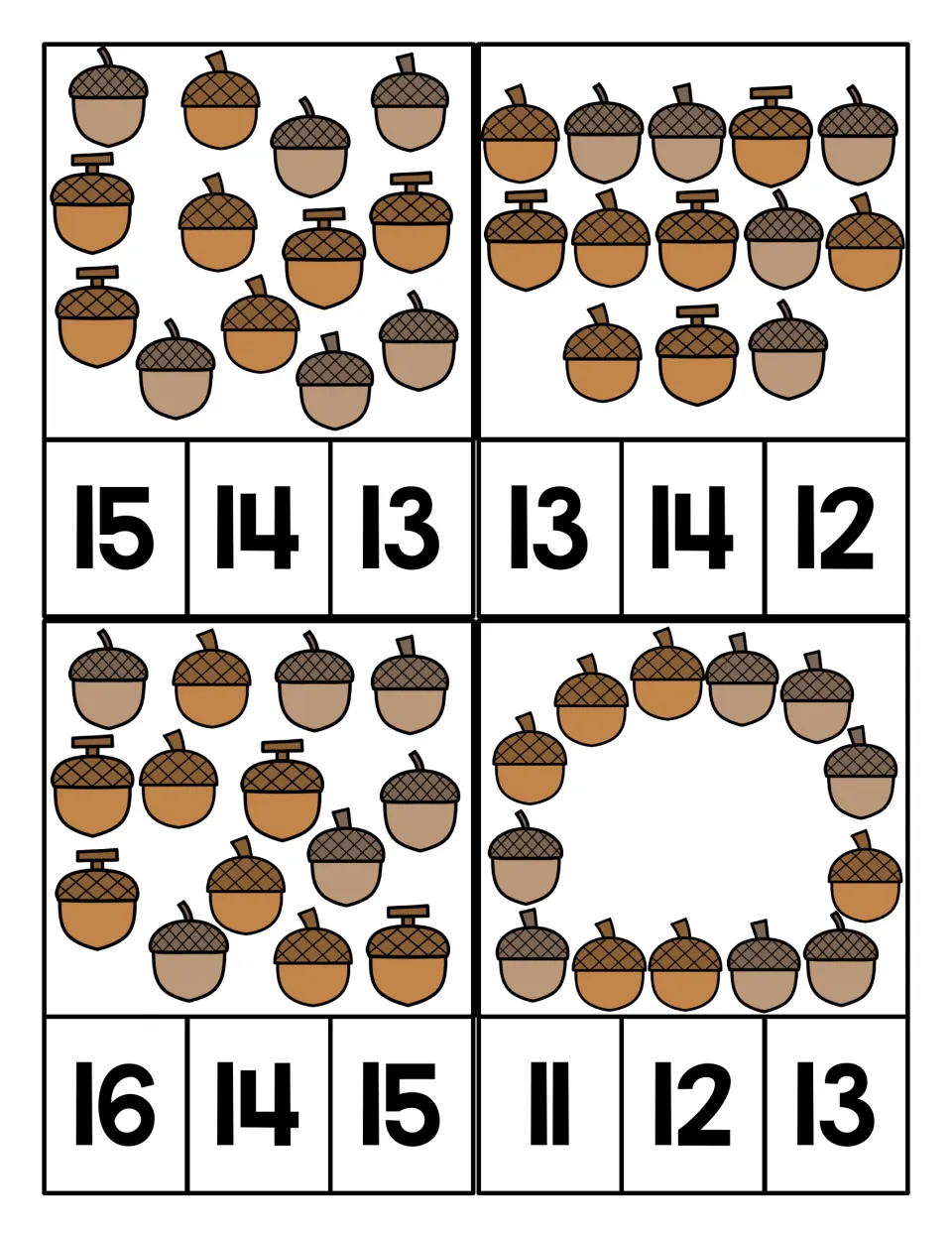 Counting teen-sized acorn sets: students count scattered, rowed and ring-shaped groups and clip choices from 11 to 16