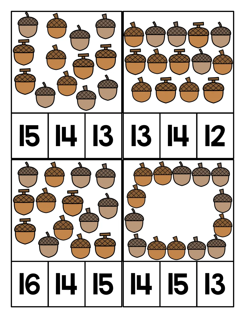 Teen-number acorn counting: students count each group, including a ring of acorns, and clip a numeral from 12 to 16