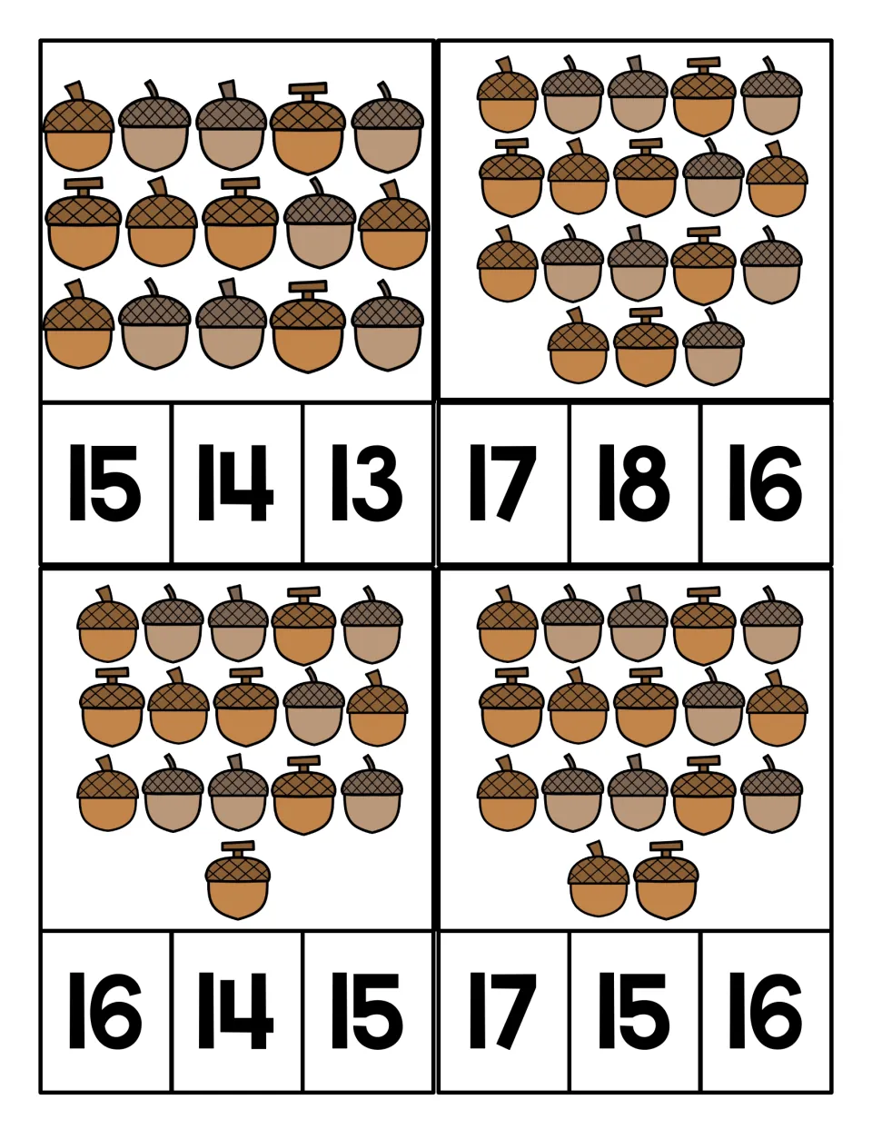 Counting acorns in rows of five: students count larger sets and clip the matching number from choices of 13 to 18