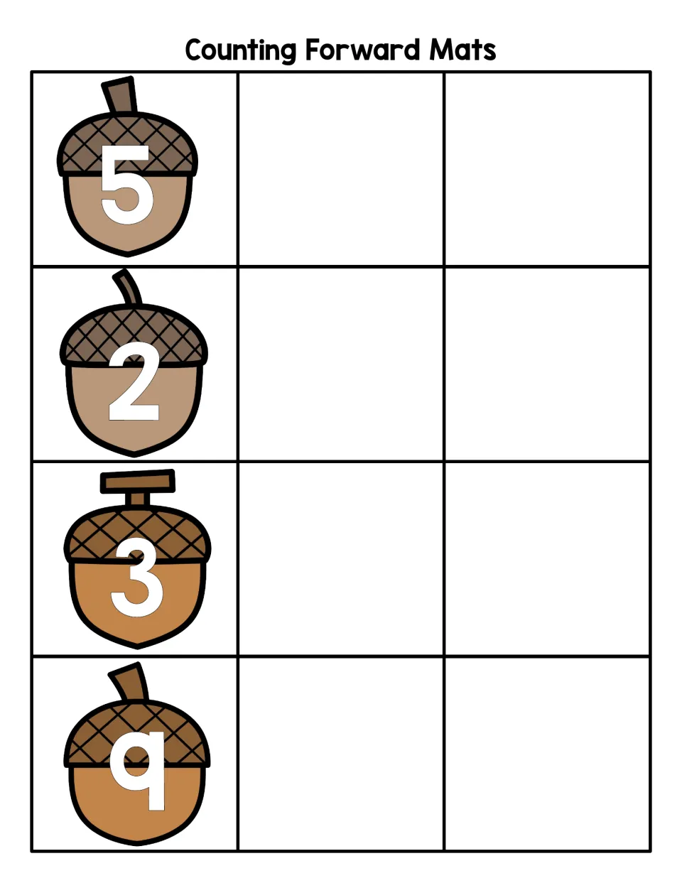 Counting Forward Mats: students start at acorns numbered 5, 2, 3 and 9 and place the next two numbers after each