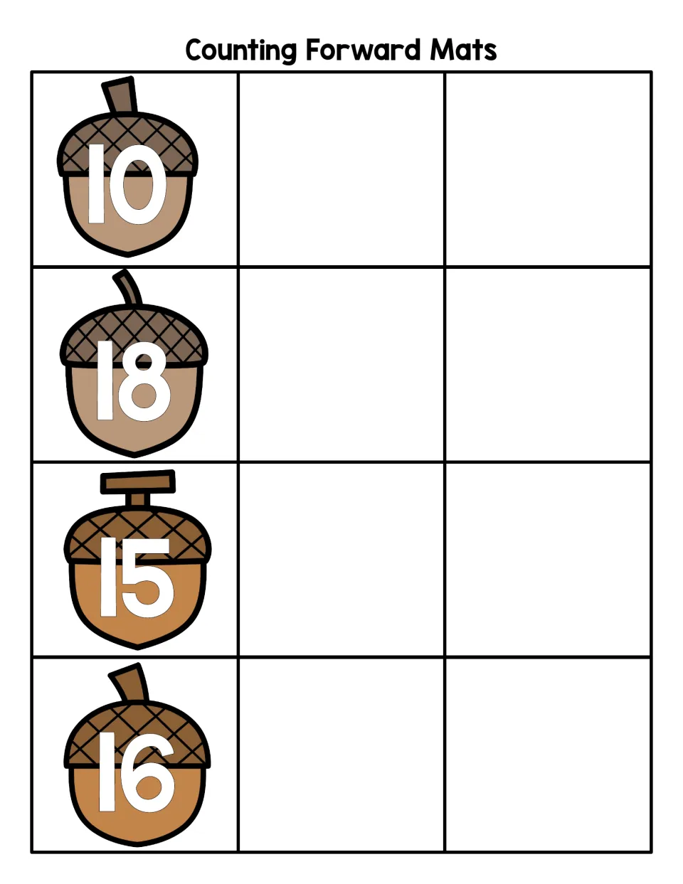 Counting forward mat for 10 to 20: students continue from acorns 10, 18, 15 and 16 by adding the next two numbers