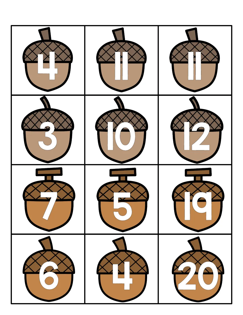 Acorn number cards to cut out, showing 4, 11, 11, 3, 10, 12, 7, 5, 19, 6, 4 and 20, for placing on the counting mats