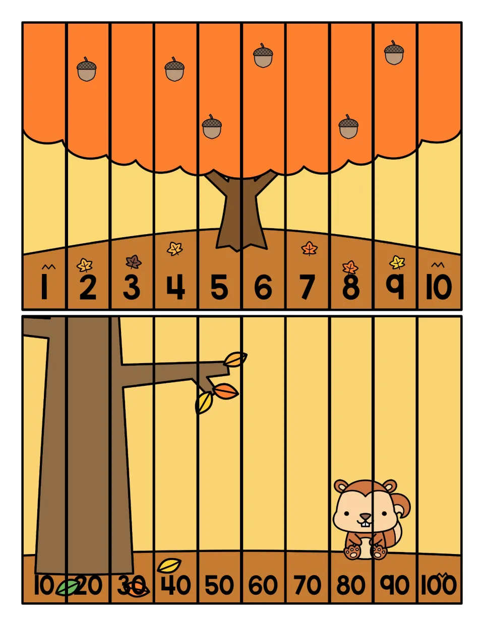 Fall number-order puzzles: students order strips 1 to 10 and 10 to 100 by tens to build an acorn tree and squirrel scene