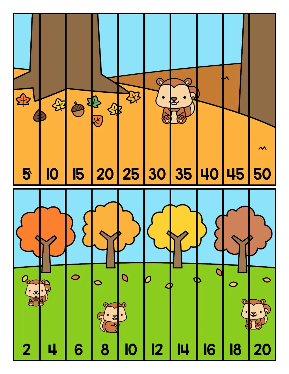 Skip-counting strip puzzles: students order strips by 5s to 50 and by 2s to 20 to rebuild squirrel and fall tree scenes