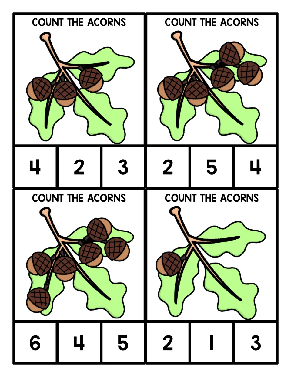 Acorn counting clip cards 1–4 show groups of 3, 5, 6, and 1 acorns, each with three number choices.