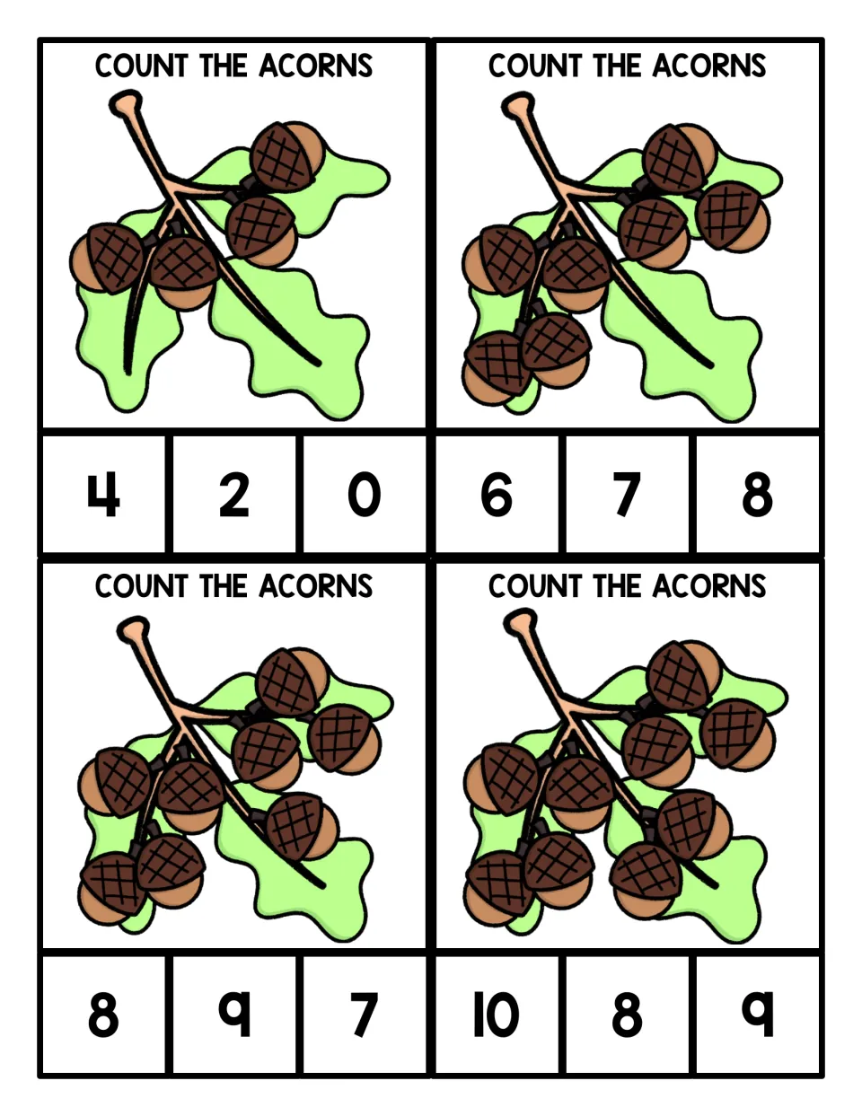 Acorn counting clip cards 5–8 show groups of 4, 7, 8, and 9 acorns, each with three number choices.