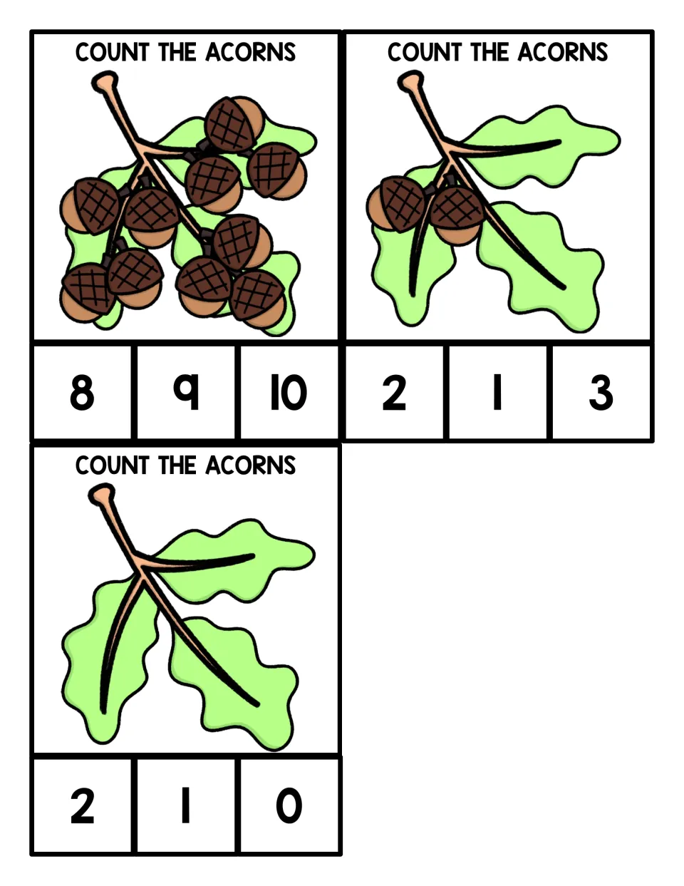 Acorn counting clip cards 9–11 show groups of 10, 2, and 0 acorns, each with three number choices.