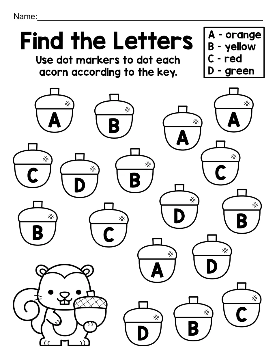 Find the Letters, capital A to D: students use dot markers to color 18 acorns by letter, A orange, B yellow, C red, D green