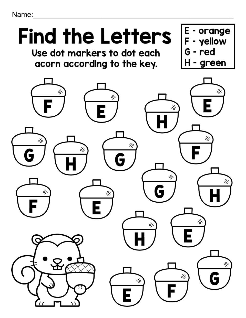 Find the Letters, capital E to H: students dot each acorn by its letter using the key, E orange, F yellow, G red, H green